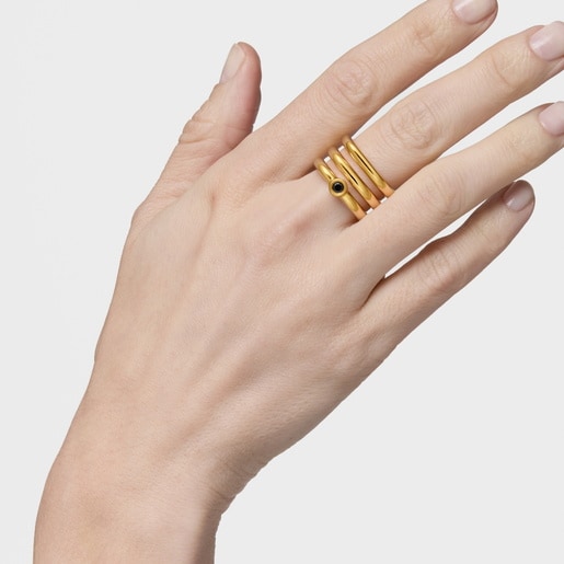 خاتم ثلاثي من الفضة المطلية بالذهب عيار 18 قيراطًا مرصع بالإسبنيل الأسود من تشكيلة TOUS Line