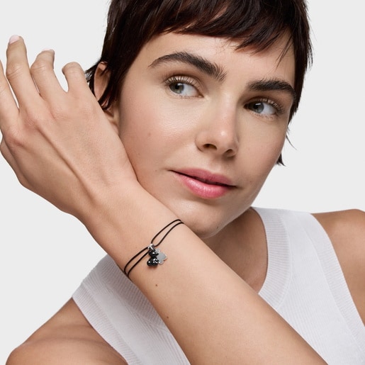 Pulsera doble oso de plata con cerámica negra y nylon negro Bold Bear