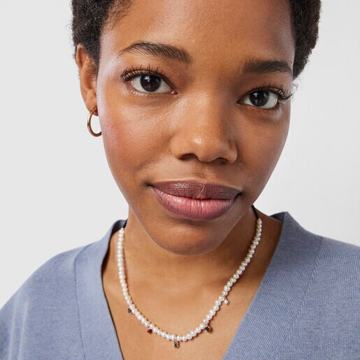 Collier Motif en Perles et Cordon noir avec Or Vermeil rose et Pierres précieuses