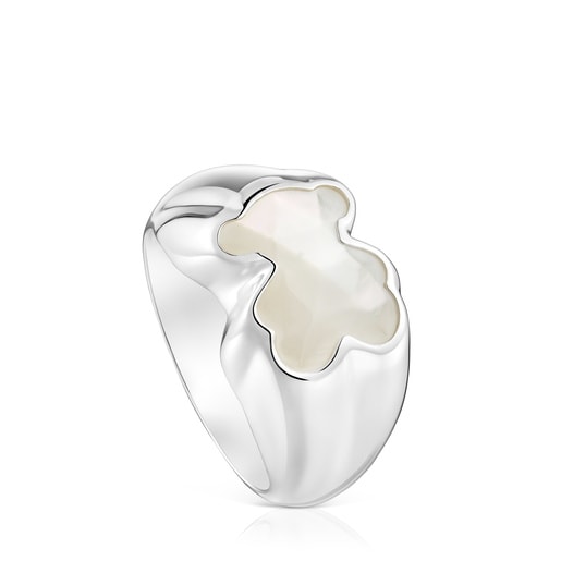 Anillo mediano de plata y motivo oso en nácar Icon Color