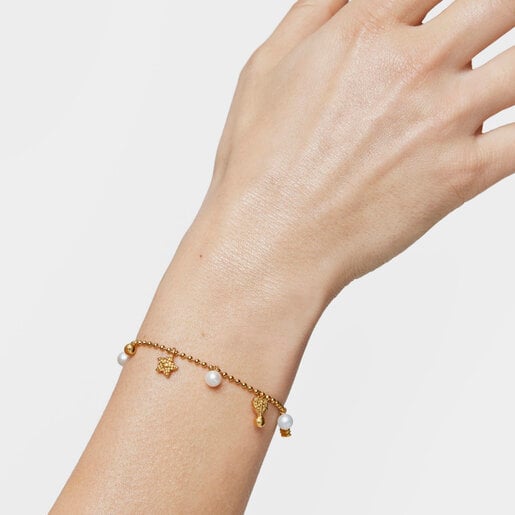 Chain Bracelet with 18kt gold plating over silver and cultured pearls and motifs TOUS Grain