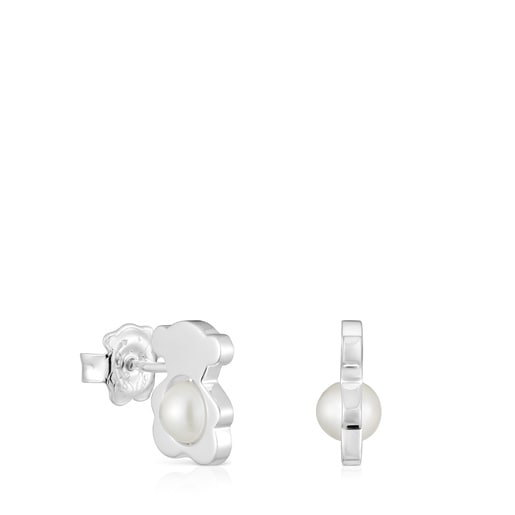 Small 12 mm silver bear Earrings with cultured pearls I-Bear