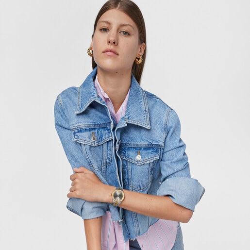 Reloj analógico Tender Bear de acero IP bicolor dorado con relieve de osos