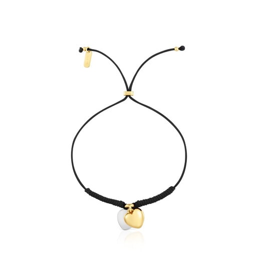 Pulsera doble corazón con baño de oro 18 kt sobre plata y nylon negro TOUS Flechazo