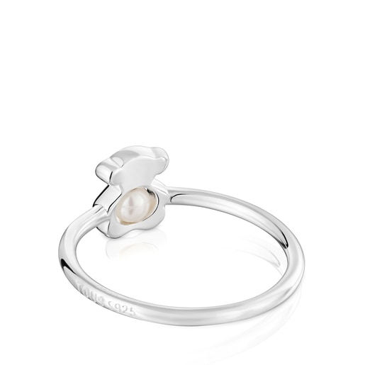 Small silver bear Ring with cultured pearl I-Bear