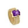 Gold-colored IP Steel Mesh Color Ring with Amethyst Bear motif