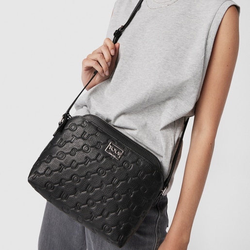 Black Leather T Script Crossbody bag