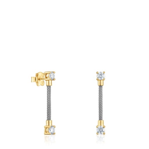 Aretes largos de acero, oro 14 kt  y diamantes creados en laboratorio TOUS Mesh LGD