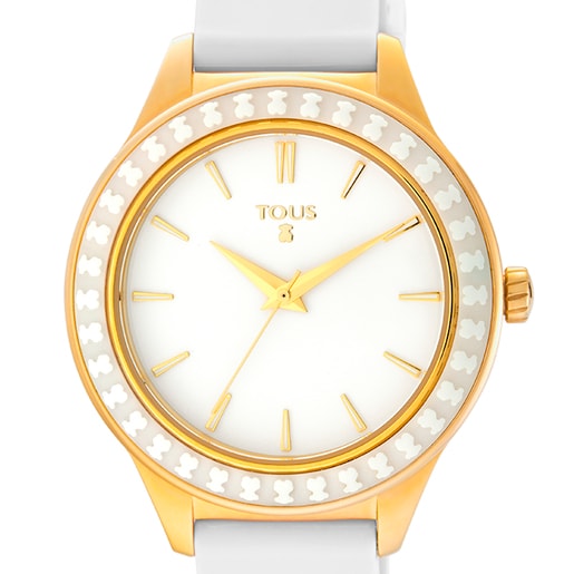 Gold-colored IP Steel Straight Ceramic Watch and ceramic bevel with white Silicone strap