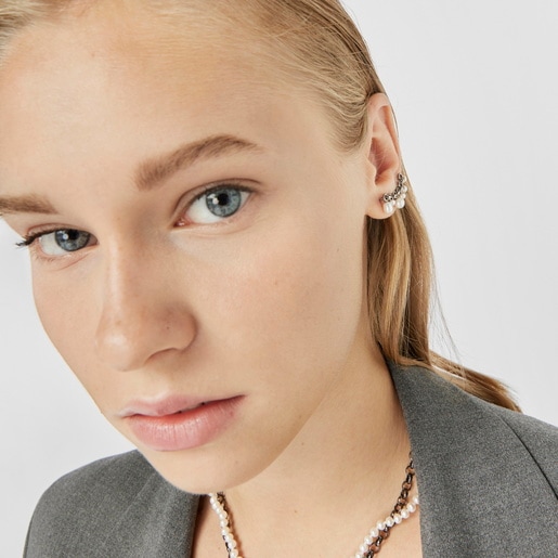 Dark silver Virtual Garden Bar earrings with cultured pearls