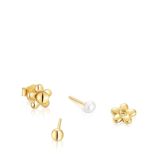 Pack de aretes con baño de oro 18 kt sobre plata motivo flor y perlas cultivadas Virtual Garden