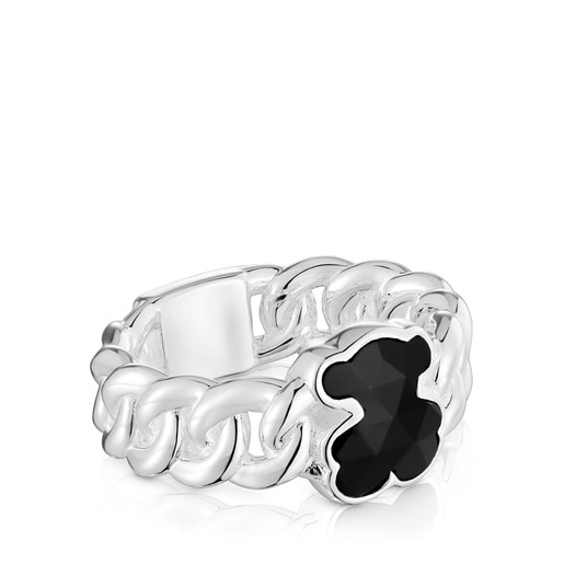 Medium silver Ring with bear motif in onyx TOUS Icon Color