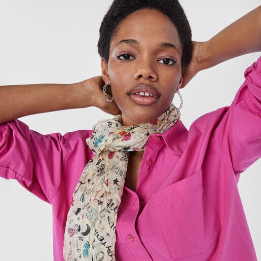 Foulard froissé Samba en soie beige et multicolore