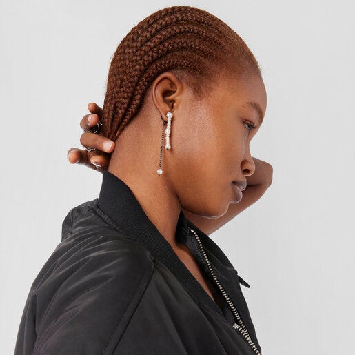 Dark silver Virtual Garden Double earrings with cultured pearls