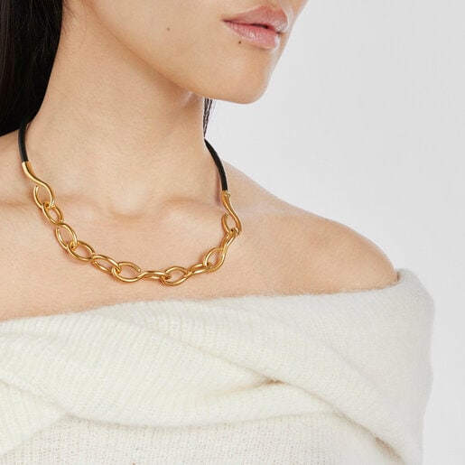 Silver vermeil and leather Bent Necklace