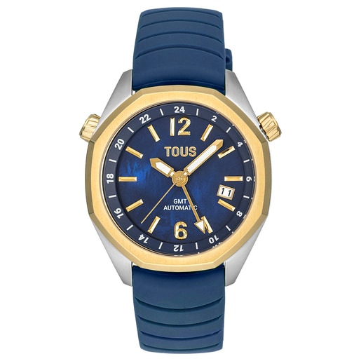 Rellotge gmt automàtic amb corretja de silicona blau marí, caixa d'acer IPG daurat i esfera de nacre TOUS Now