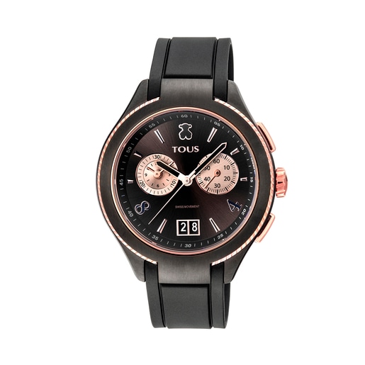 Reloj analógico ST bicolor de acero IP negro/IP rosado con correa de Caucho negra