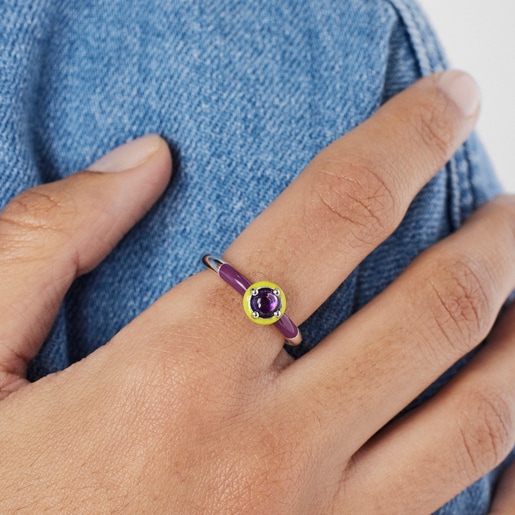 Silver TOUS Vibrant Colors Ring with amethyst and enamel