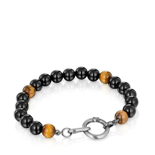 Pulsera de plata envejecida, ónix, ojo de tigre y anillas Hold Man