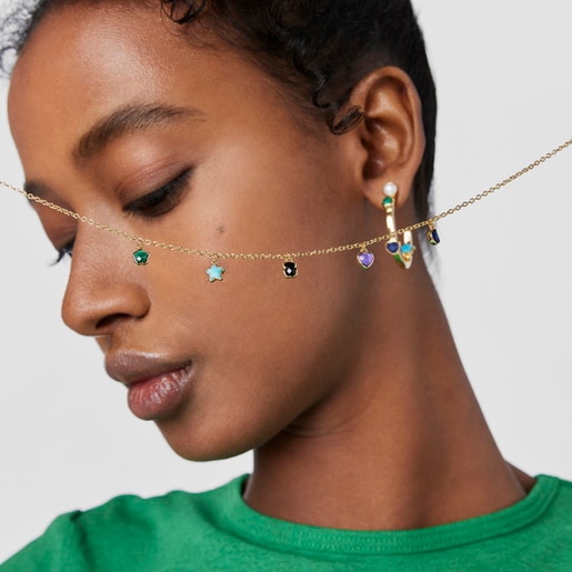 Collar con baño de oro 18 kt sobre plata y cinco motivos de gemas multicolores de 2-5mm. 45 cm Glory