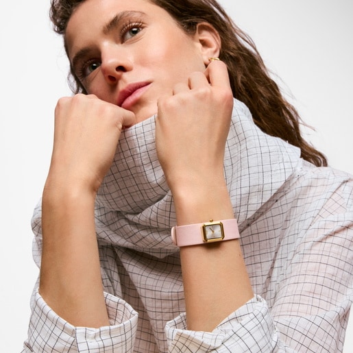 Analog Watch with rose-colored leather and gold-colored steel bracelet TOUS KARAT EMERALD MINI