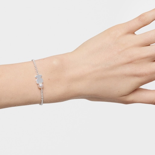 Pulsera cadena de plata, motivo oso y perla cultivada Sweet Dolls