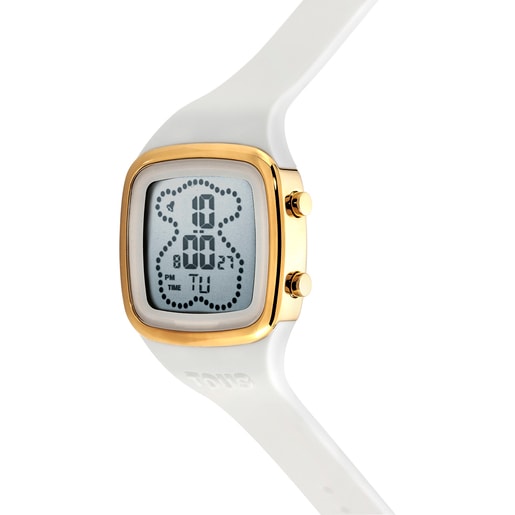שעון דיגיטלי B-Time של TOUS עם רצועת סיליקון לבנה ומארז מפלדת IPG מוזהבת