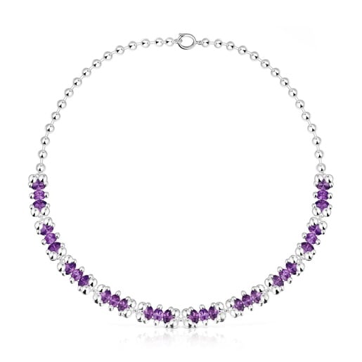 Short silver bear motif Necklace with lilac lab-grown sapphires Color Bear LGG