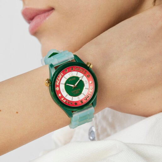שעון TOUS Tender Time מפלדה עם רצועת סיליקון ירוקה וחוגה ירוקה