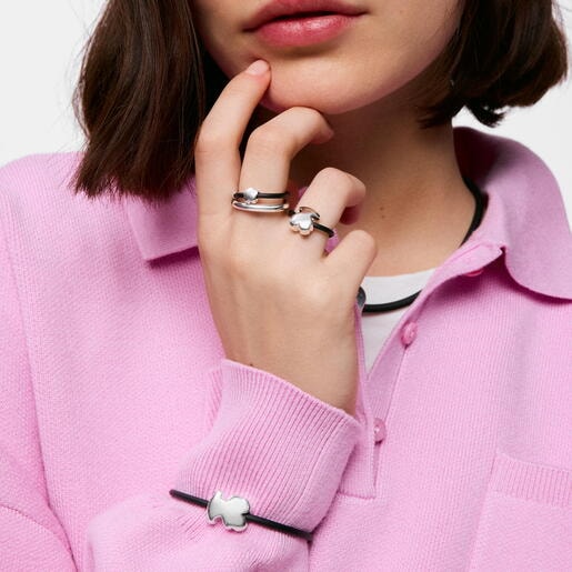 Pulsera oso de plata y caucho 18 mm Bold Motif