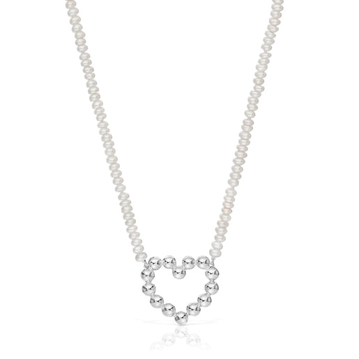 Short silver heart motif and cultured pearls Necklace Sugar Party