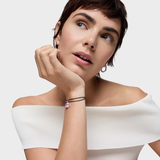 Pulsera doble oso de plata con cerámica lila y nylon negro Bold Bear