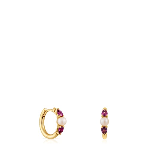 Gold Hoop earrings with rhodolites and cultured pearl Ivette