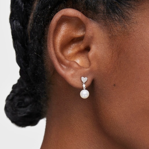 Short white-gold heart Single earring with diamonds and cultured pearl TOUS Grain