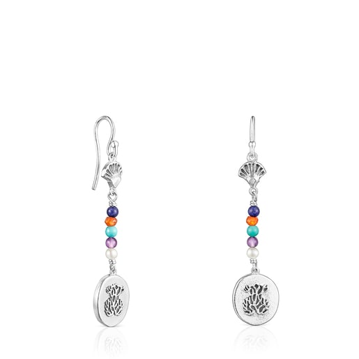 Long silver Oceaan Color cameo Earrings with gemstones and pearls