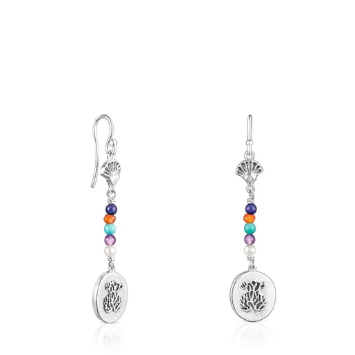 Long silver Oceaan Color cameo Earrings with gemstones and pearls | TOUS