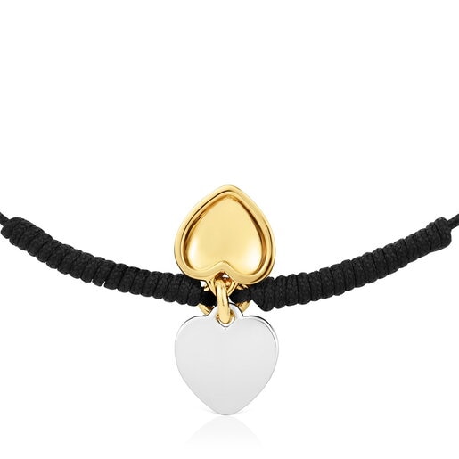 Pulsera doble corazón con baño de oro 18 kt sobre plata y nylon negro TOUS Flechazo