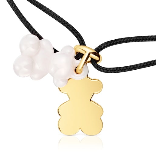 Pulsera doble oso con baño de oro 18 kt sobre plata, cerámica blanca y nylon negro Bold Bear