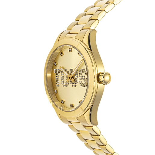 Analogue watch with gold-colored IPG steel wristband and crystals T-Logo