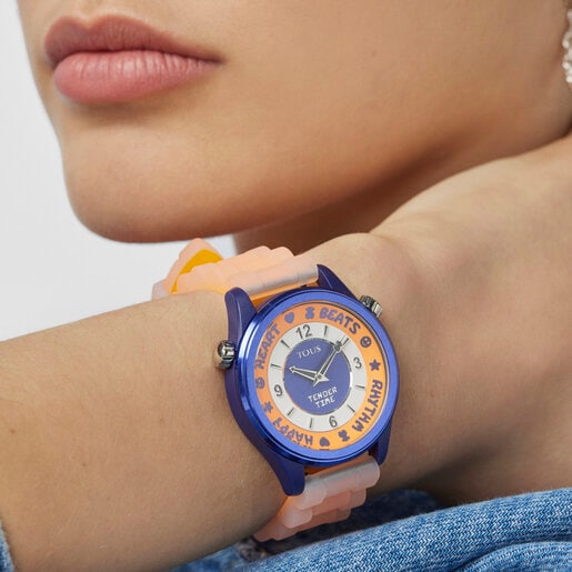 Steel TOUS Tender Time Watch with orange silicone strap and blue dial
