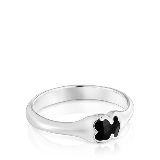 Kleiner Ring TOUS Icon Color aus Silber mit Bärenmotiv aus Onyx