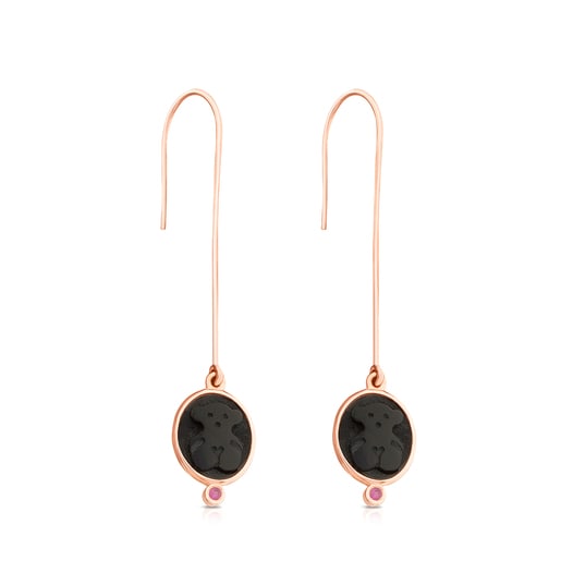 Rose Vermeil Silver Camee Earrings with Onyx and Ruby
