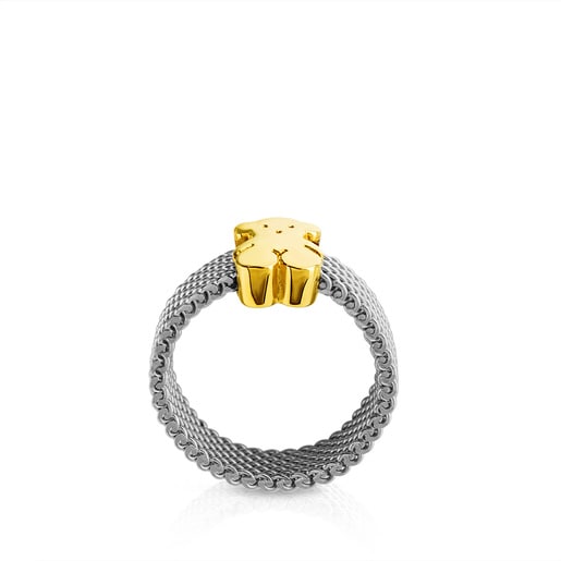 Anillo de acero y oro motivo oso estrecho Mesh