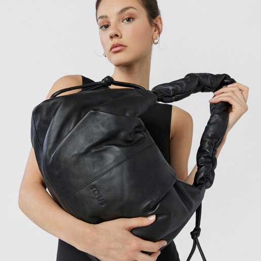 תיק TOUS Soft גדול עם רצועת כתף אחת מעור בצבע שחור