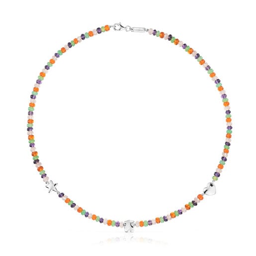 Short gemstone Necklace with silver motifs Bold Motif