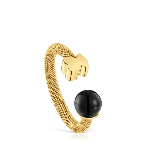 Gold-colored steel Open ring with onyx Icon Mesh | TOUS