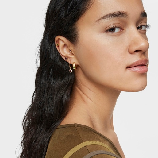 Boucles d’oreilles anneaux argent plaqué or 18 ct et chromo-diopside courtes TOUS Basic Colors