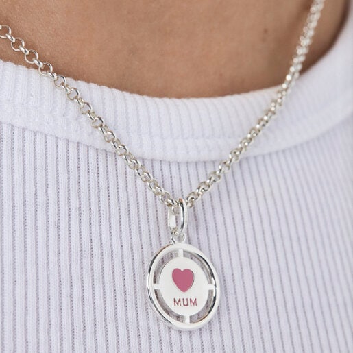 Silver TOUS Crossword Mama Mum pendant with pink enamel | TOUS