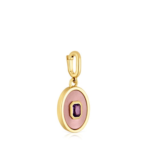 Medallion Pendant, with 18kt gold plating over silver. nacre and amethyst Medallions
