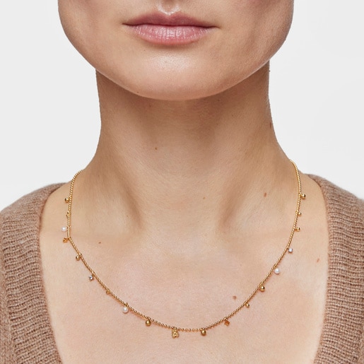 Short Necklace with 18kt gold plating over silver, cultured pearls and gemstones TOUS Grain